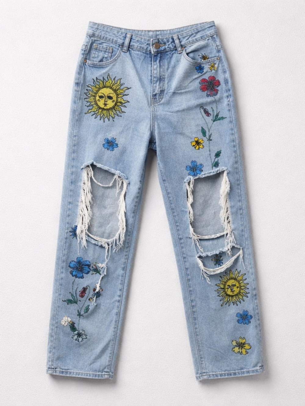 SHEIN Light Blue Distressed Boyfriend Jeans with Sun & Floral Embroidery